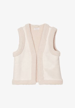 Cremefarvet ærmeløs vest med en blød, fluffy tekstur og kontrastfarvet kant. Åben frontdesign med runde ærmhuller. Ingen lukninger.