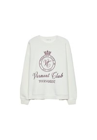 Felpa bianca con un logo grafico bordeaux che riporta la scritta "Vermont Club" e "Tournament". Vestibilità ampia con polsini e orlo a coste.