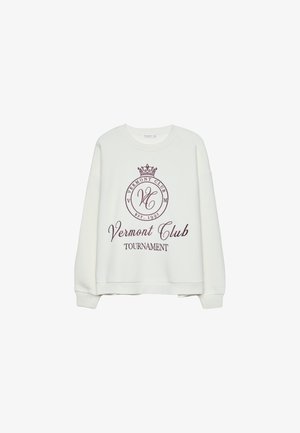 Sweatshirt blanc avec un logo graphique bordeaux portant les mentions "Vermont Club" et "Tournament". Coupe ample avec des poignets et un ourlet côtelés.