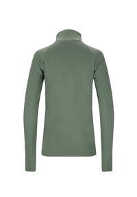 Långärmad topp i olivgrön, med hög krage, platta sömmar och en mjuk textur, designad för komfort och rörelsefrihet.