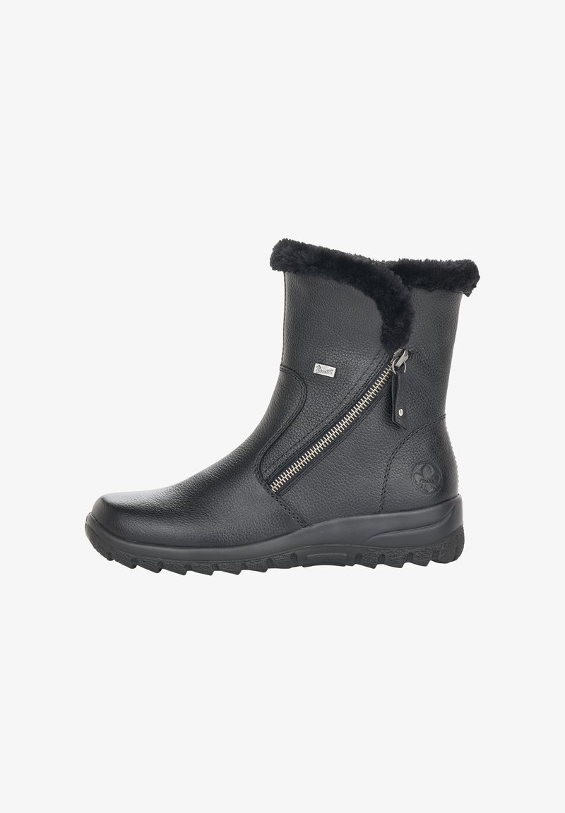 Black leather ankle boots with a textured finish, faux fur lining at the top, side zipper, and sturdy rubber sole for grip.