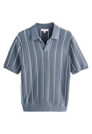 Short-sleeve polo shirt in light blue, featuring vertical white stripes, a v-neck, ribbed texture, and a solid ribbed hem and collar.