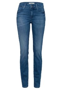 Vaqueros ajustados azul de mezclilla, con cintura de altura media, cinco bolsillos y un sutil desgaste que añade textura.