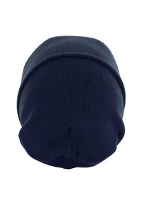 Bonnet en tricot bleu marine foncé avec un revers, présenté de dessus sur fond blanc.