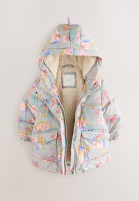 Doudoune à capuche pour tout-petit avec imprimé dinosaure pastel et doublure sherpa beige, dotée de poches avant et d'une fermeture éclair avec boutons-pression.