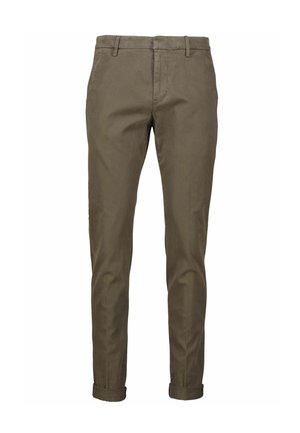 Pantaloni chino in verde oliva, realizzati in cotone morbido. Design elegante con gambe affusolate, tasche frontali e orli risvoltati. Texture liscia.