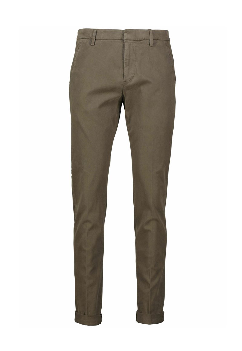 Chino pants in olive green, made from soft cotton. Sleek design with tapered legs, front pockets, and rolled cuffs. Smooth texture.