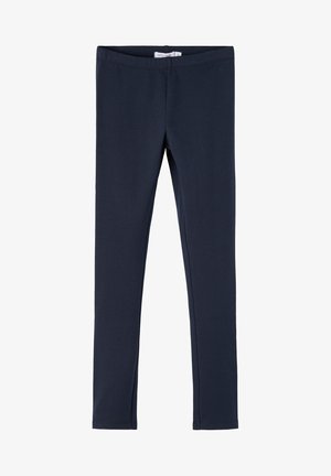 Marineblå leggings laget av elastisk bomullsblandingsstoff. Har en elastisk midje og en glatt, elegant overflate uten mønstre.