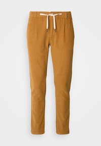 Katoenen corduroy broek in camel kleur met een gestructureerde afwerking, voorzien van een trekkoord in de taille en taps toelopende benen.