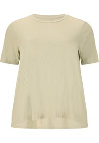 Lys khaki kortærmet t-shirt med rund halsudskæring, glat tekstur og afslappet pasform, med diskrete ribbede detaljer.