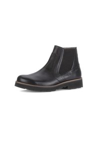 Zwarte leren enkellaars met elastische zijpanelen, ronde neus en gestructureerde zool. Heeft een gestikt biesje en subtiele branding.