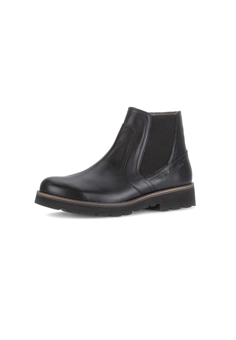 Zwarte leren enkellaars met elastische zijpanelen, ronde neus en gestructureerde zool. Heeft een gestikt biesje en subtiele branding.