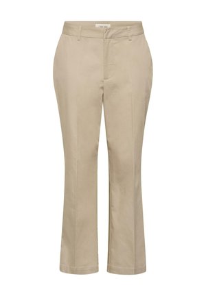 Pantalon habillé beige à jambes droites avec passants pour ceinture, fermeture éclair à l'avant et plis repassés.