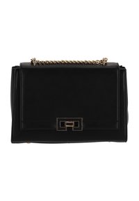 Sac à main en cuir noir au design structuré, avec une bandoulière chaîne dorée et un fermoir rectangulaire à l'avant.