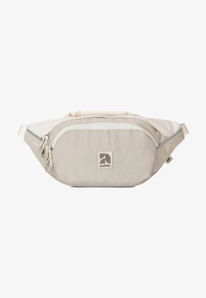 Beige heupzak met een textuur, nylon buitenkant, voorzien van een voorvak met rits, een verstelbare riem en een logopatch.