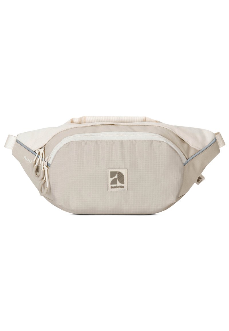 Beige derékpánt, textúrált nylon külső borítással, elülső cipzáros zsebbel, állítható pánttal és logóval.