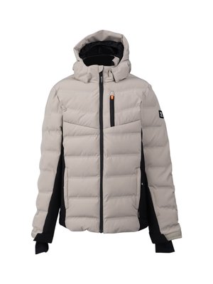 Beige vadderad vinterjacka med svarta sidopaneler, huva, mittdragkedja, zip-försedd bröstficka och förlängda ärmmanchetter med hål för tumme.