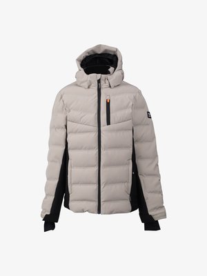 Beige gewatteerde winterjas met zwarte zijpanelen, capuchon, voorkant met rits, een ritszak op de borst en verlengde mouwboorden met duimgaten.