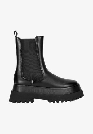 Black ankle boot with a chunky sole, smooth leather upper, elastic side panels, and a pull tab. Features a textured rubber outsole.
