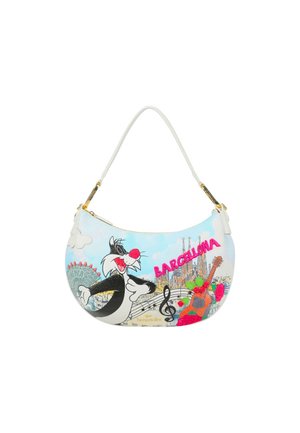 Borsa bianca con il gatto dei cartoni animati Sylvester, note musicali, chitarra con rose, Sagrada Família e testo "Barcelona" in lettere rosa acceso.