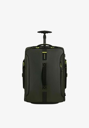 Valise à roulettes souple noire et vert olive avec poignée télescopique, fermetures éclair latérales et logo Samsonite à l'avant.