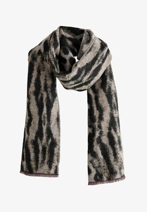 Long soft scarf with black and beige animal print pattern and small fringed ends, displayed in a loose loop against a white background.