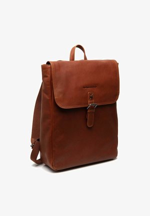 Brauner Leder-Rucksack mit Klappe und Schnallenverschluss, verstellbaren Schulterriemen und Tragegriff oben vor einem weißen Hintergrund.