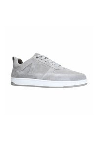 Grijze suède sneaker met een lage bovenkant, witte zool en lichtgrijze veters. Heeft een geometrisch ontwerp aan de zijkant en een treklipje bij de hiel.