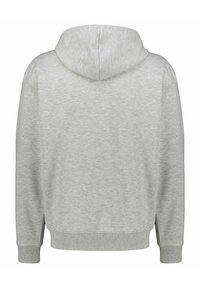 Grauer Hoodie mit weicher Textur, ausgestattet mit einer Kapuze, langen Ärmeln und gerippten Bündchen. Minimalistisches Design, keine sichtbaren Muster oder Akzente.
