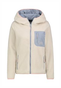 Crèmekleurige fleecevest met ritssluiting en capuchon, grijze borstzak en twee zijzakken met ritssluiting, roze bies aan mouwuiteinden en capuchonrand.