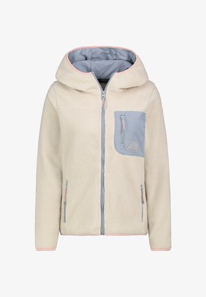 Crèmekleurige fleecevest met ritssluiting en capuchon, grijze borstzak en twee zijzakken met ritssluiting, roze bies aan mouwuiteinden en capuchonrand.