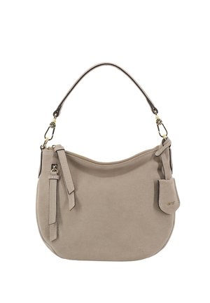 Beige suede handbag with a curved shape, single shoulder strap, gold-tone hardware, and a side tassel detail.