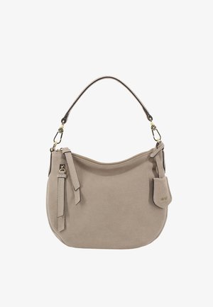 Beige Wildlederhandtasche mit geschwungener Form, einteiligem Schulterriemen, goldfarbenen Beschlägen und einem Quasten-Detail an der Seite.