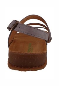 Gray leather sandal with three narrow straps, brown textured sole, and a metal buckle. Interior features a smooth, light brown surface.
