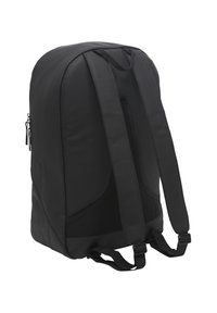 Zaino nero realizzato in materiale liscio con schienale imbottito, inserti in rete e spallacci regolabili. Presenta una tasca laterale con zip.
