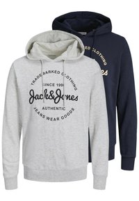 Two hooded sweatshirts, one light grey and one navy blue, featuring a circular logo design in black and gold, respectively. Cotton material; casual style.