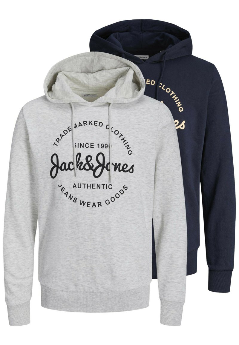 Two hooded sweatshirts, one light grey and one navy blue, featuring a circular logo design in black and gold, respectively. Cotton material; casual style.