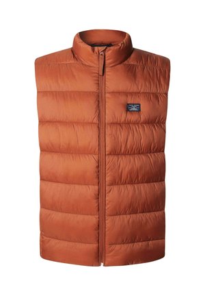 Padded sleeveless vest w kolorze rdzawego pomarańczu z wysokim kołnierzem, zamek błyskawiczny z przodu i naszywką logo. Gładki, lekki materiał z poziomymi szwami.