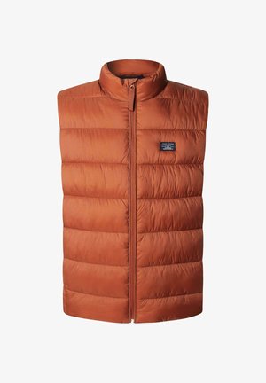 Pehmed õlavarreteta vest rikka oranži värviga, kõrge kraega, ees lukuga ja logopatchiga. Sile ja kerge kangas horisontaalse õmblusega.