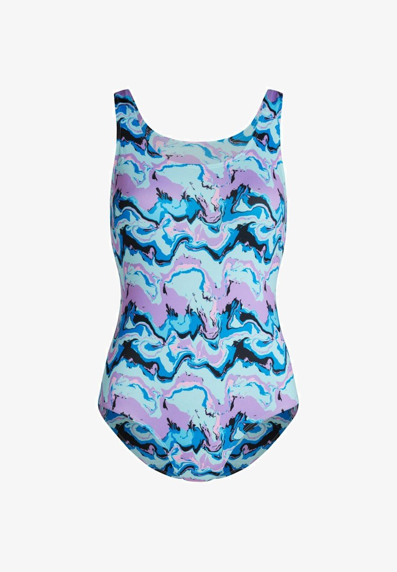 Maillot de bain une pièce avec un motif abstrait marbré bleu, violet et noir, et des bretelles larges.