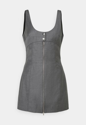 Gray fabric dress with a scoop neckline, fitted bodice, and a front zipper. Features silver button accents and sleeveless design.