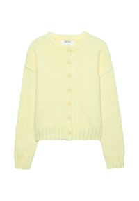 Cardigan a maglia di un giallo chiaro, con scollo rotondo, chiusura frontale con bottoni, polsini e orlo a costine. Tessuto morbido con un delicato effetto mélange.