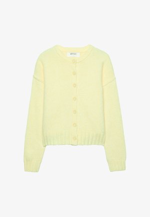 Cardigan a maglia di un giallo chiaro, con scollo rotondo, chiusura frontale con bottoni, polsini e orlo a costine. Tessuto morbido con un delicato effetto mélange.