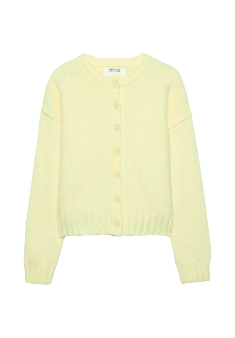 Cardigan a maglia di un giallo chiaro, con scollo rotondo, chiusura frontale con bottoni, polsini e orlo a costine. Tessuto morbido con un delicato effetto mélange.