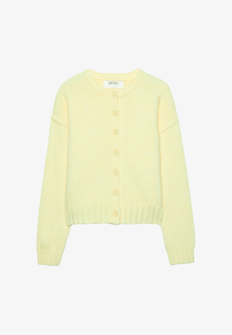 Cardigan a maglia di un giallo chiaro, con scollo rotondo, chiusura frontale con bottoni, polsini e orlo a costine. Tessuto morbido con un delicato effetto mélange.