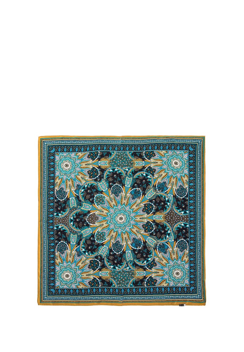 Bufanda de seda multicolor con un diseño de mandala floral en turquesa, negro y dorado, con patrones intrincados y un borde.