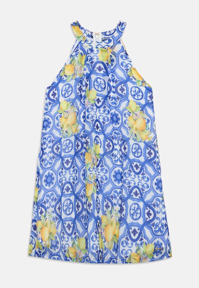 Φόρεμα χωρίς μανίκια με floral εκτύπωση σε αποχρώσεις του μπλε, διακοσμημένο με κίτρινα λεμόνια, πολύπλοκα σχέδια και χαλαρή γραμμή A-line.