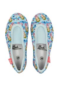 Kinderslippers mit blauer Hintergrund, Meerjungfrau-Motiv, Größe 29, mit elastischem Saum und Beck-Markenetikett an der Seite.