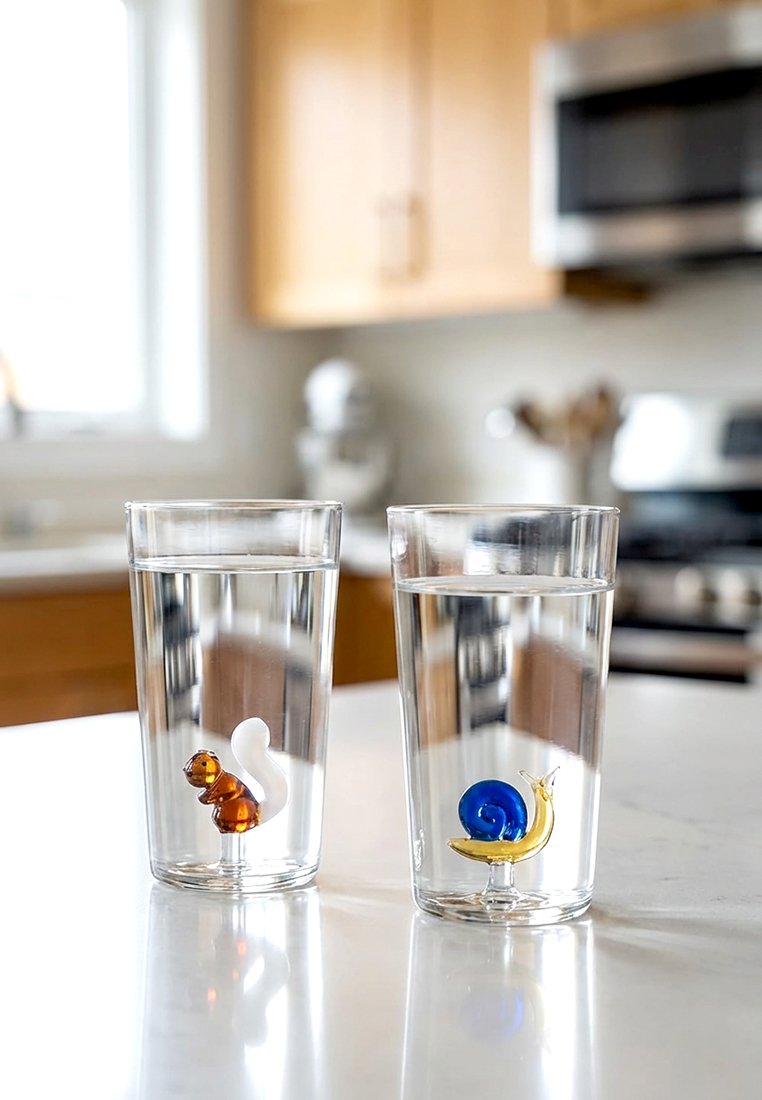 Dwa przezroczyste szklanki napełnione wodą na kuchennym blacie, każda zawierająca małą szklaną figurkę — w jednej wiewiórkę, a w drugiej ślimaka.