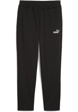 Schwarze Jogginghose mit elastischem Bund, Seitentaschen und einem weißen Puma-Logo auf dem rechten Oberschenkel. Hergestellt aus einem glatten, weichen Stoff.